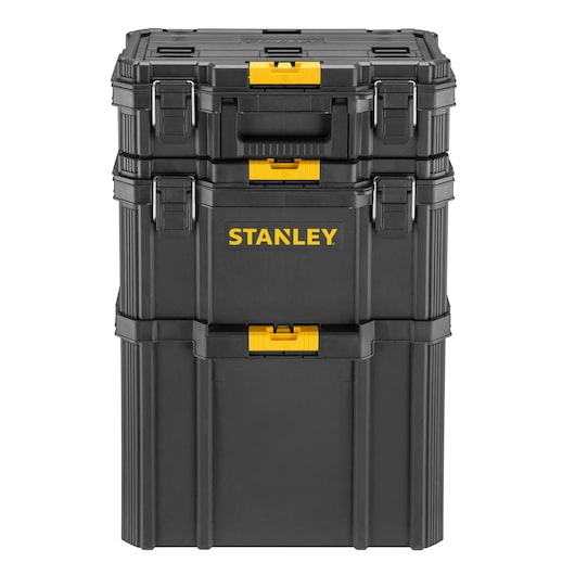 Foto van STANLEY STST83319-1 zwarte modulaire gereedschapskoffer stapel met gele sluitingen, vooraanzicht.