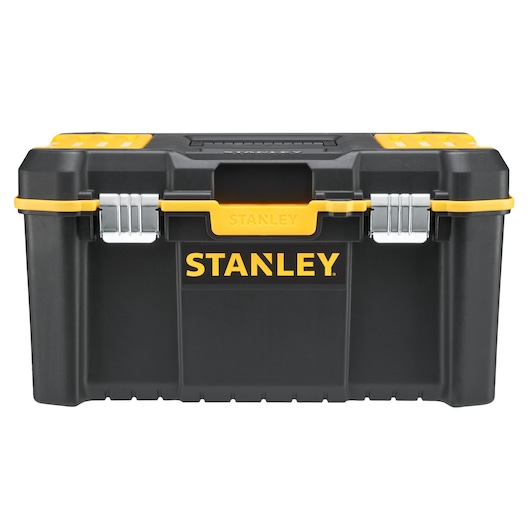 STANLEY STST83397-1 zwarte en gele gereedschapskist met metalen sluitingen, vooraanzicht op witte achtergrond.