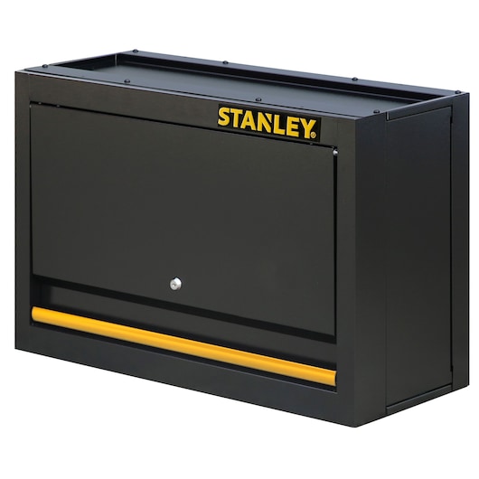 STANLEY STST97599-1 armoire murale noire, vue de face, avec accent jaune et serrure.
