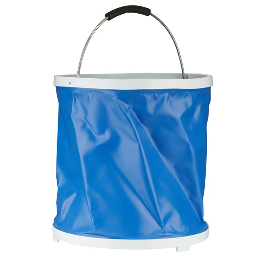 Photographie du STANLEY STZB1 seau bleu pliable avec bord blanc et poignée métallique, angle frontal.