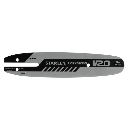 STANLEY STZCS1220 kettingzaagblad, FATMAX V20, 8in/20cm, zwart en zilver, bovenaanzicht op witte achtergrond.