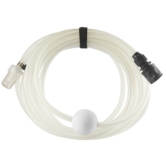Photo du tuyau transparent STANLEY STZIHK2 avec connecteurs noir et blanc, enroulé sur fond blanc.