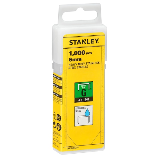 STANLEY TRA704SST-0 agrafes en acier inoxydable, 6 mm, 1000 pièces, photo de l’emballage vue de face.