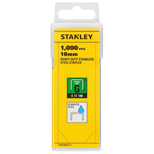STANLEY TRA706SST-0 agrafes en acier inoxydable haute résistance, 1 000 pièces, 10 mm, vue de face sur fond blanc.