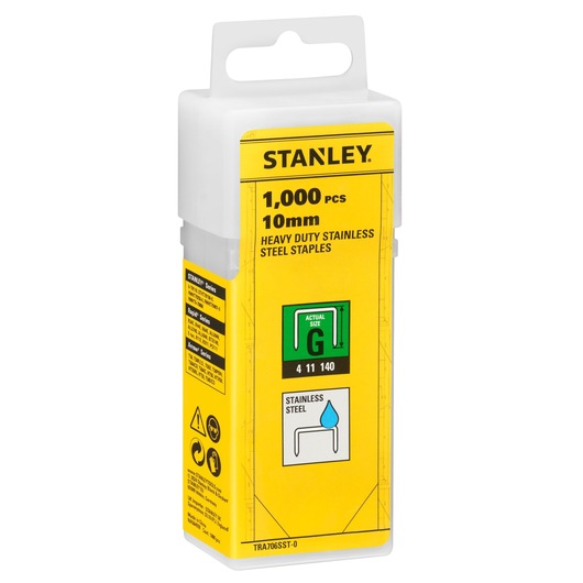 STANLEY TRA706SST-0 agrafes en acier inoxydable haute résistance, boîte de 1000, 10 mm, vue en angle emballée.