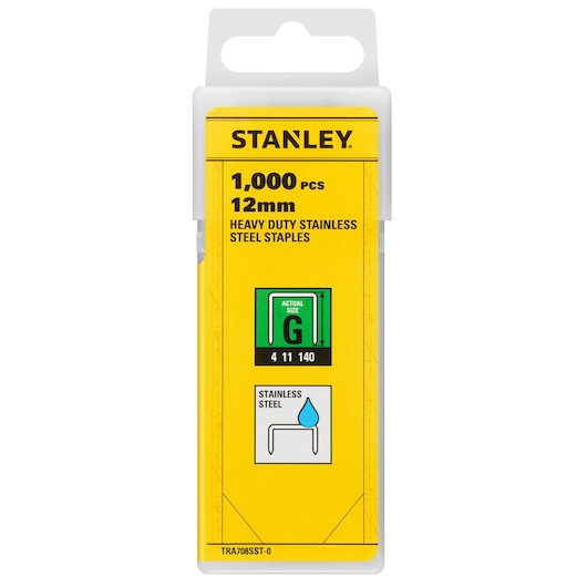 Photo des agrafes en acier inoxydable 12mm STANLEY TRA708SST-0, lot de 1000, emballage jaune, vue de face.