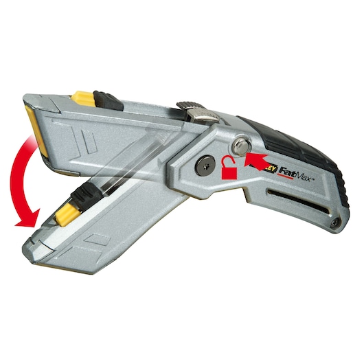 STANLEY XTHT0-10502 hobbymes met zilverkleurige behuizing, gele knoppen en rode pijlen die het openingsmechanisme tonen, zijaanzicht.