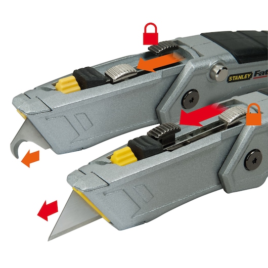 STANLEY XTHT0-10502 stanleymes met dubbele messen, close-up zijaanzicht op witte achtergrond.