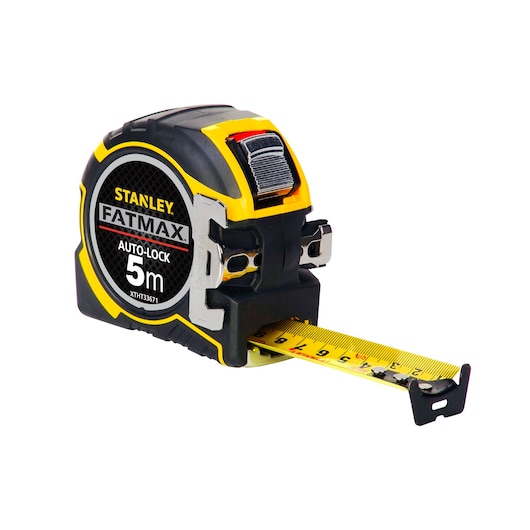 STANLEY FATMAX XTHT0-33671 5m auto-lock rolmaat, zwart en geel, schuine weergave op witte achtergrond.