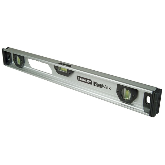 STANLEY XTHT1-42132 waterpas met aluminium behuizing, drie buizen en handgreep, schuin op witte achtergrond.
