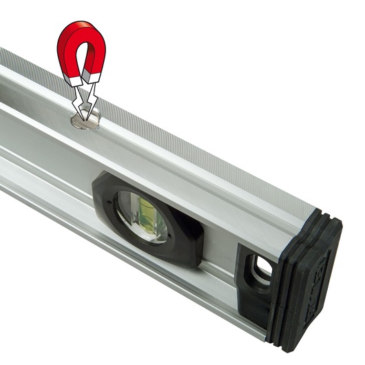 STANLEY XTHT1-42132 waterpas met magneetfunctie, zijaanzicht, zilverkleurige behuizing, zwarte eindkappen.