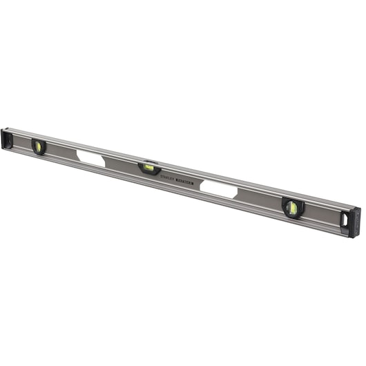 STANLEY XTHT1-42134 aluminium waterpas met drie buisjes, zijaanzicht op witte achtergrond.