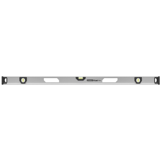 STANLEY XTHT1-42135 waterpas, zilveren afwerking, drie buisjes, frontale hoek, foto van handgereedschap.